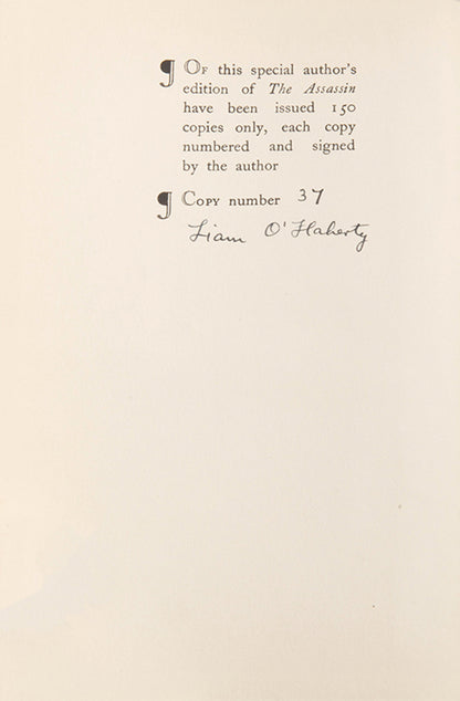 First edition of The Assassin by Liam O'Flaherty, one of 150 copies numbered and signed by the author.
