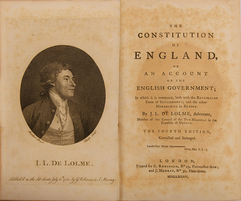 A handsome copy in contemporary tree-calf of Jean-Louis de Lolme's study of The Constitution of England