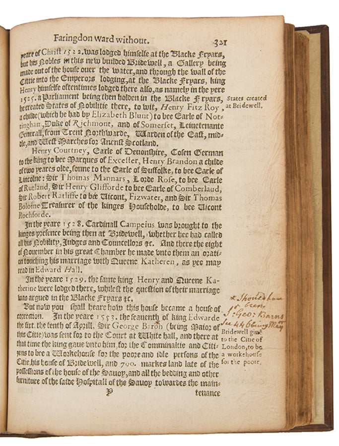 The first edition of Stow's important Survay of London, teh most important sixteenth-century source documenting city-life int he Elizabethan age.