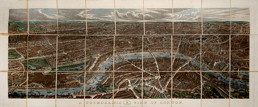 J.H. Banks's A Cosmoramic View of London, a hand-coloured aquatint bird's-eye view of London in 27 segments on linen.
