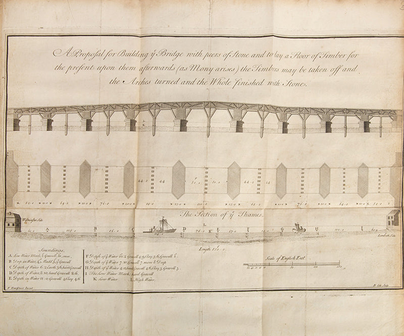 First editions of Nicholas Hawksemoor's A Short Account of London Bridge, and Thomas Lediard's Some Observations on the Scheme, with extra plates.