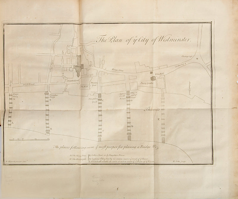 First editions of Nicholas Hawksemoor's A Short Account of London Bridge, and Thomas Lediard's Some Observations on the Scheme, with extra plates.