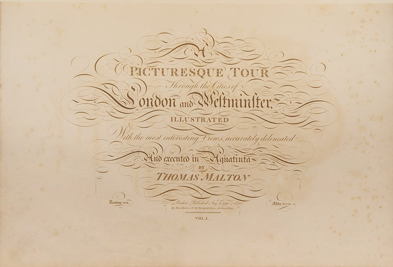 First edition of Malton's A Picturesque Tour Through the Cities of London and Westminster, the first great aquatint book on London, with fine delineations of the architectural treasures therein. Copies rarely appear on the market.
