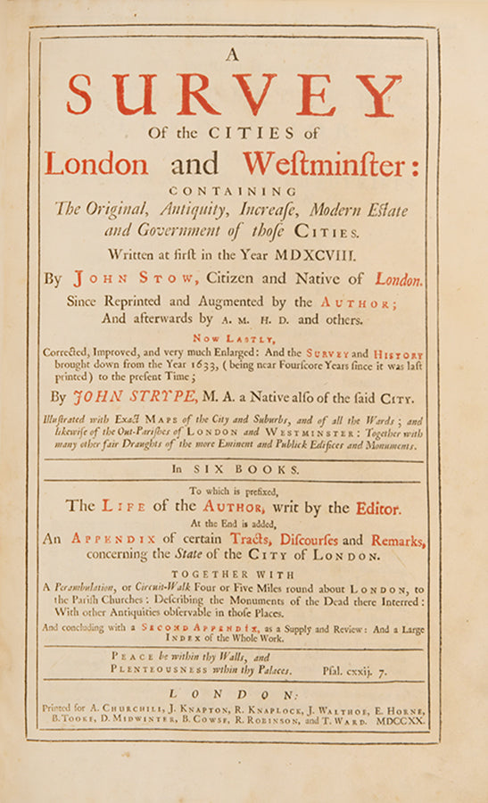 The fifth edition, the first illustrated edition, of Stow's Survey of the Cities of London and Westminster, one of the greatest of all London books.