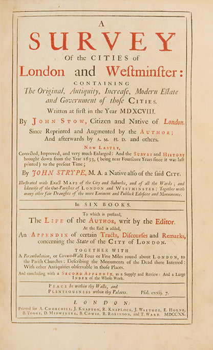 The fifth edition, the first illustrated edition, of Stow's Survey of the Cities of London and Westminster, one of the greatest of all London books.