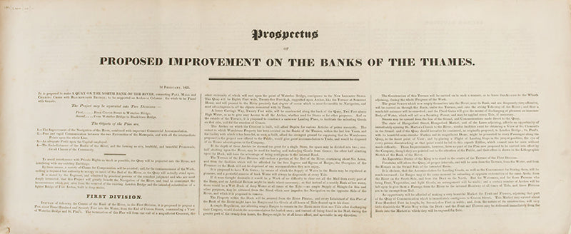 First edition of the hand-coloured issue of Frederick Trench's Lithographic Sketch of the North Bank of the Thames, his proposal for a new Embankment which would eventually see the light of day 40 years later.