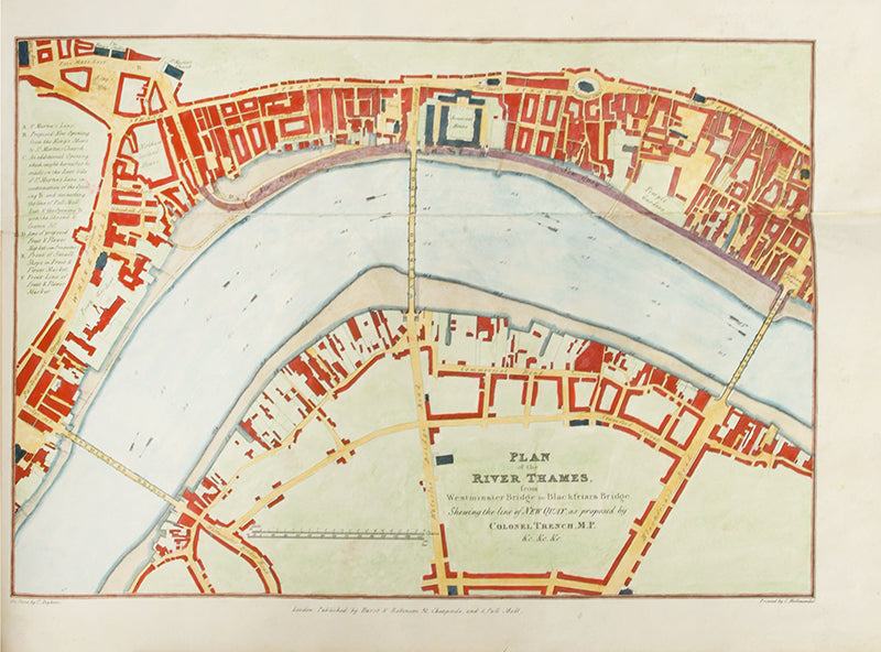 First edition of the hand-coloured issue of Frederick Trench's Lithographic Sketch of the North Bank of the Thames, his proposal for a new Embankment which would eventually see the light of day 40 years later.