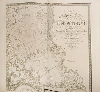 Uncoloured first edition, in the six original segments, of Cristopher Greenwood's landmark Map of London, beautifully engraved map by James and Josiah Neele.