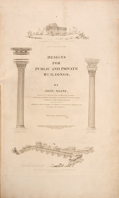 First edition of Designs for Public and Private Buildings by John Soane, exhibiting his designs including the Houses of Parliament, the Bank of England, and Hyde Park gate.