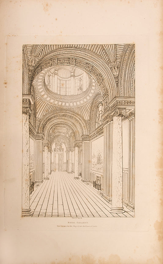 First edition of Designs for Public and Private Buildings by John Soane, exhibiting his designs including the Houses of Parliament, the Bank of England, and Hyde Park gate.