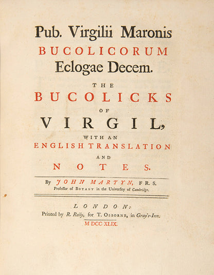 A fine example of early colour printing adorning Martyn's English Latin edition of Virgil's Georgics, bound uniformly with his Bucolics.