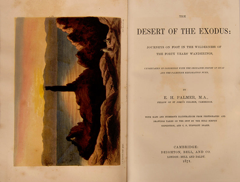 Finely bund first edition of Edward Henry Palmer's the Desert of the Exodus, the first comprehensive exploration of the Sinai, Et Tih, Idumaea, and Moab entirely on foot. 
