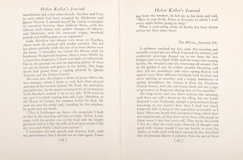 First edition and an attractive copy in the dust jacket of the journal that Helen Keller kept during the year following the death of her teach, Anne Sullivan Macy.