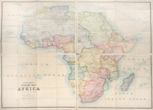 A fine example of this impressive Stanford map dated 1902 showing Africa at the peak of colonial expansion following the "Scramble for Africa", divided into four parts and spanning 1.6 metres high and 1.73 metres wide.