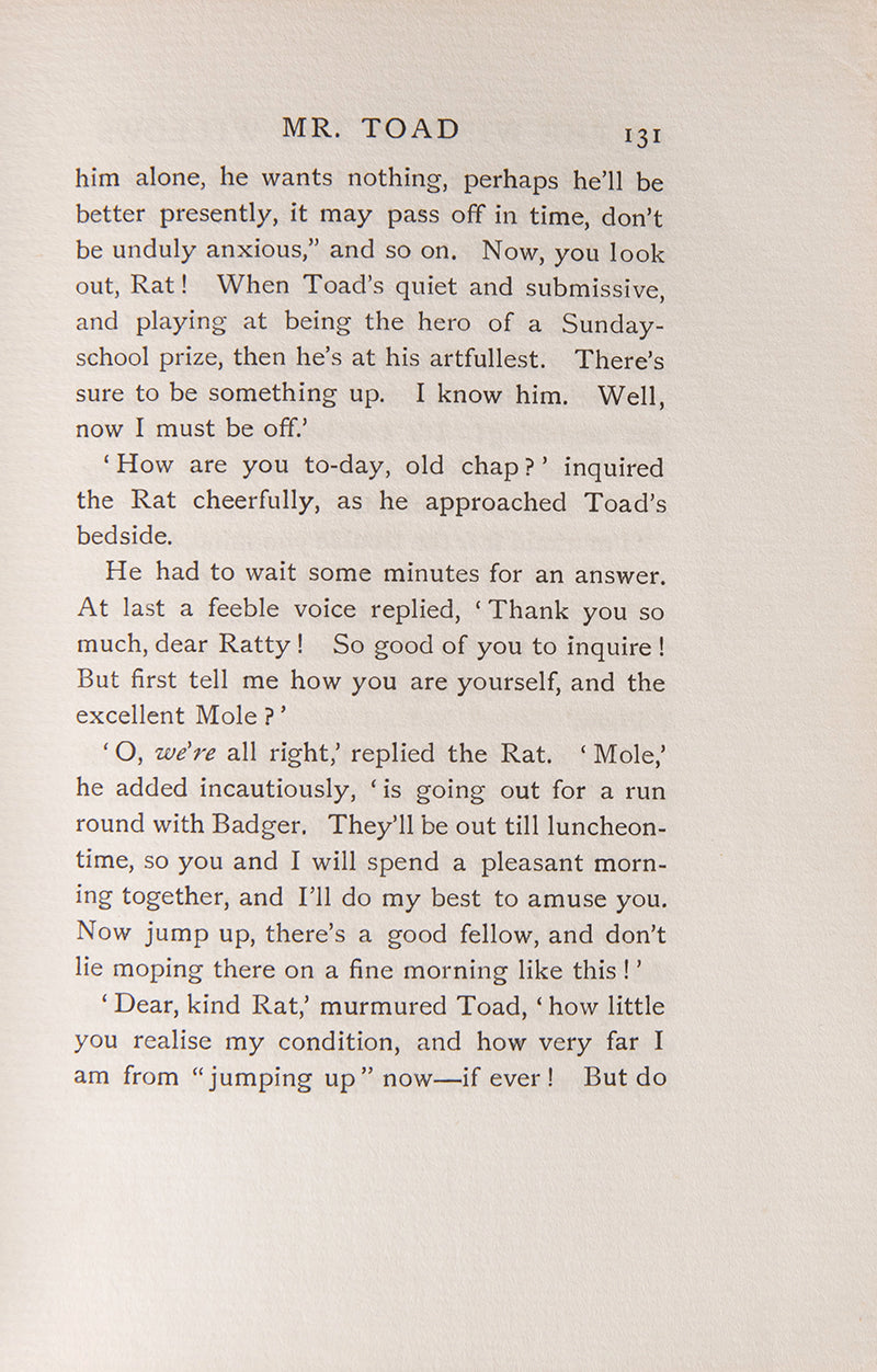 First impression, The Wind in the Willows, Kenneth Grahame, goog copy of a corner stone work of Edwardian literature, a tale steeped in nostalgia and parental love
