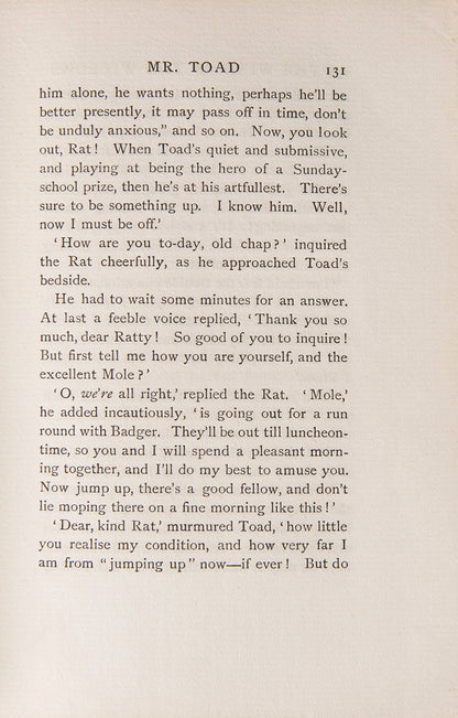 First impression, The Wind in the Willows, Kenneth Grahame, goog copy of a corner stone work of Edwardian literature, a tale steeped in nostalgia and parental love
