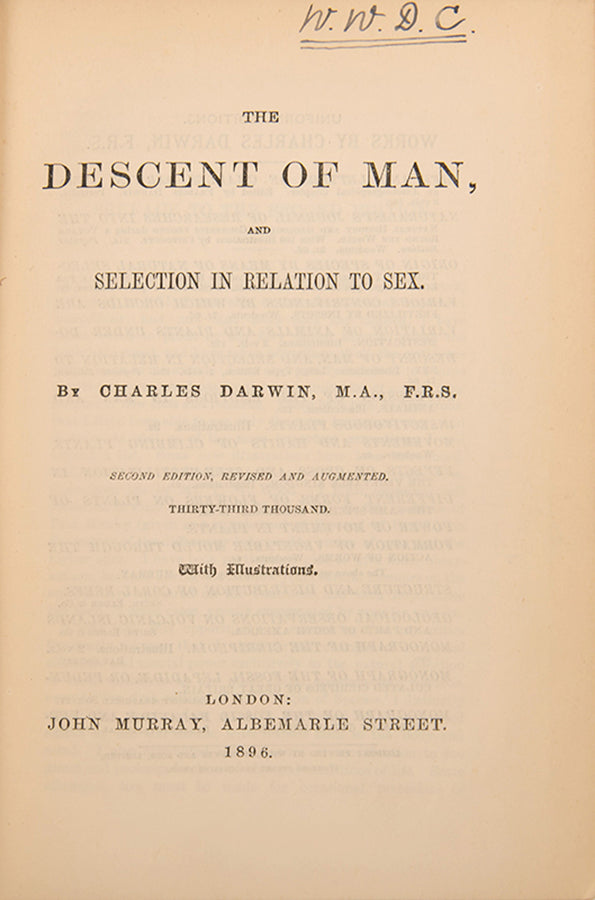 Second edition, thirty-third thousand, of The Descent of Man, Charles Darwin's application of evolution by natural selection to humans.
