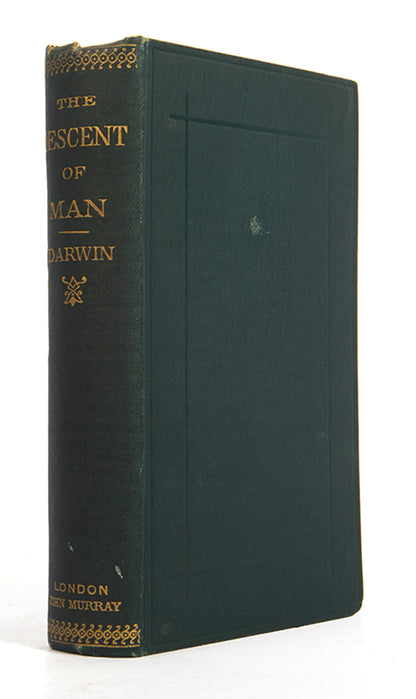Second edition, thirty-third thousand, of The Descent of Man, Charles Darwin's application of evolution by natural selection to humans.