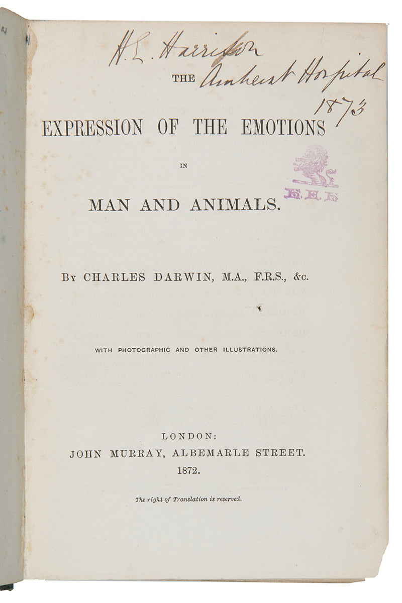 First edition, second issue of The Expression of the Emotions in Man and Animals by Charles Darwin, published in 1872.