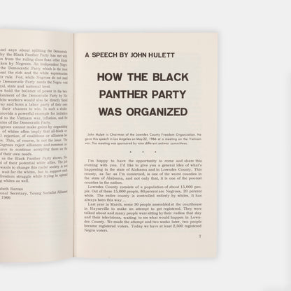 Includes an introduction to the Black Panther Party by Elizabeth Barnes, a speech by John Hulett, a report from Lowndes County by John Benson, and Benson's interview with Stokeley Carmichael.