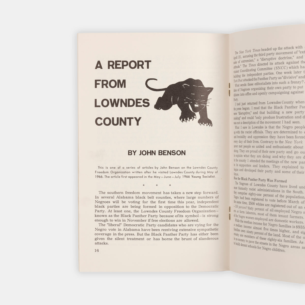 Includes an introduction to the Black Panther Party by Elizabeth Barnes, a speech by John Hulett, a report from Lowndes County by John Benson, and Benson's interview with Stokeley Carmichael.