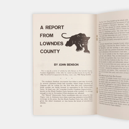 Includes an introduction to the Black Panther Party by Elizabeth Barnes, a speech by John Hulett, a report from Lowndes County by John Benson, and Benson's interview with Stokeley Carmichael.