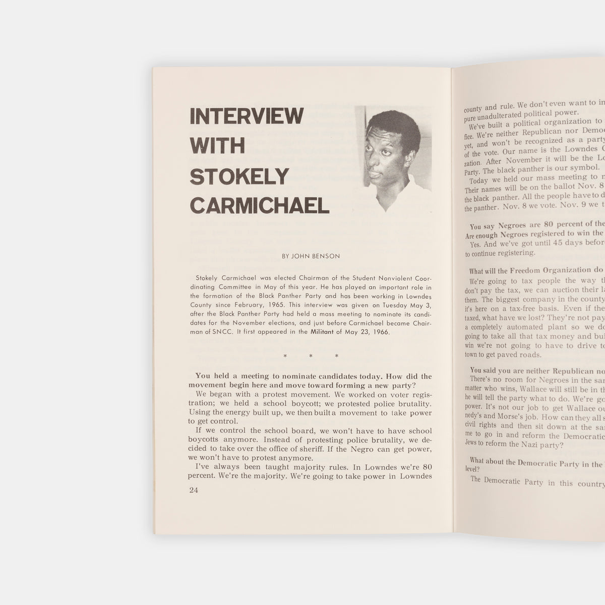 Includes an introduction to the Black Panther Party by Elizabeth Barnes, a speech by John Hulett, a report from Lowndes County by John Benson, and Benson's interview with Stokeley Carmichael.
