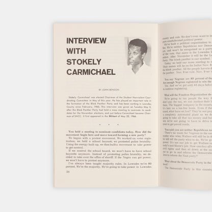 Includes an introduction to the Black Panther Party by Elizabeth Barnes, a speech by John Hulett, a report from Lowndes County by John Benson, and Benson's interview with Stokeley Carmichael.
