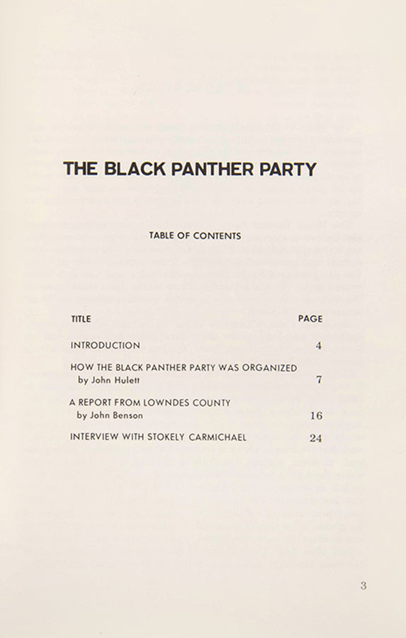 Includes an introduction to the Black Panther Party by Elizabeth Barnes, a speech by John Hulett, a report from Lowndes County by John Benson, and Benson's interview with Stokeley Carmichael.