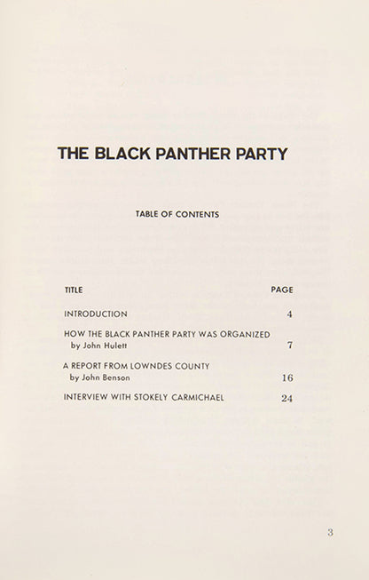 Includes an introduction to the Black Panther Party by Elizabeth Barnes, a speech by John Hulett, a report from Lowndes County by John Benson, and Benson's interview with Stokeley Carmichael.