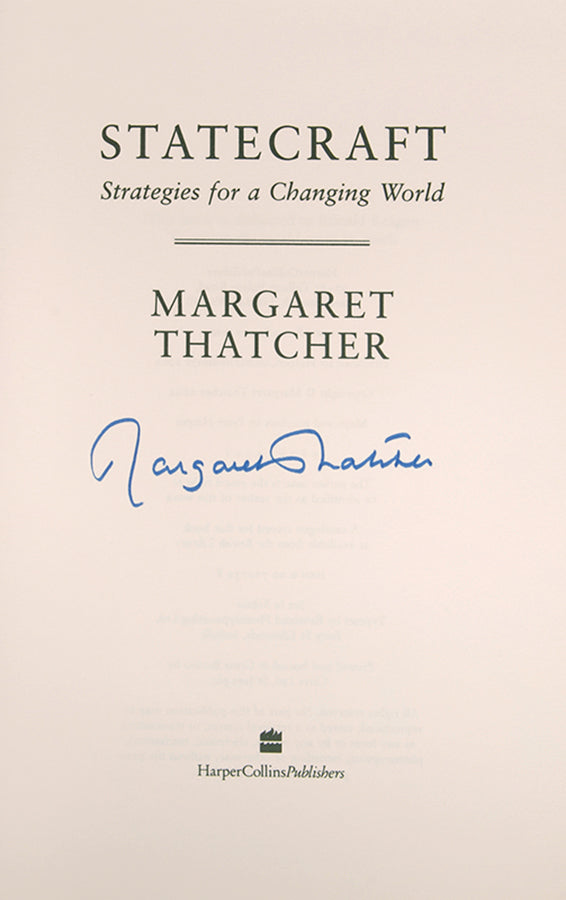 A fine first edition copy of Statecraft by Margaret Thatcher, signed by Baroness Thatcher on the title-page