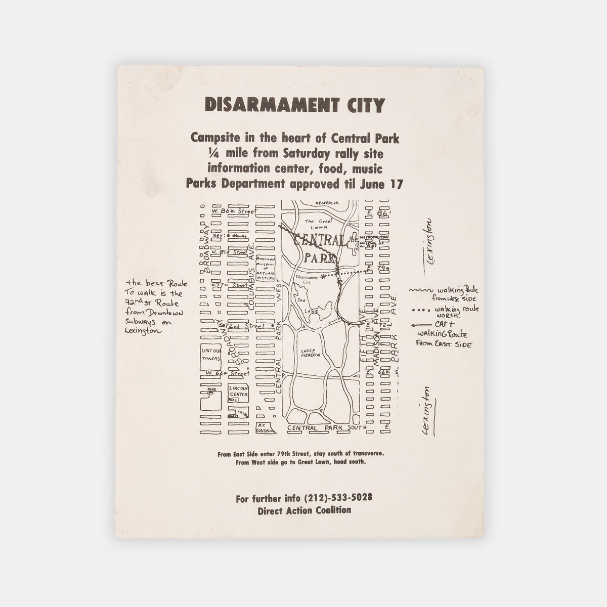 Original map of the 'Disarmament City' encampment in Central Park, New York City, part of the largest nuclear weapons disarmament protest in US history on June 12th, 1982.