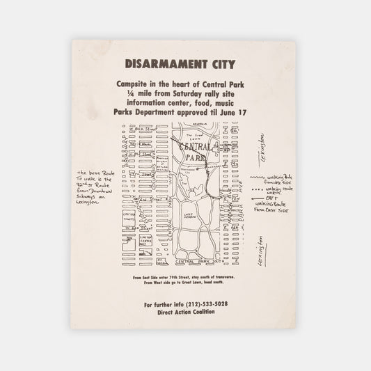 Original map of the 'Disarmament City' encampment in Central Park, New York City, part of the largest nuclear weapons disarmament protest in US history on June 12th, 1982.