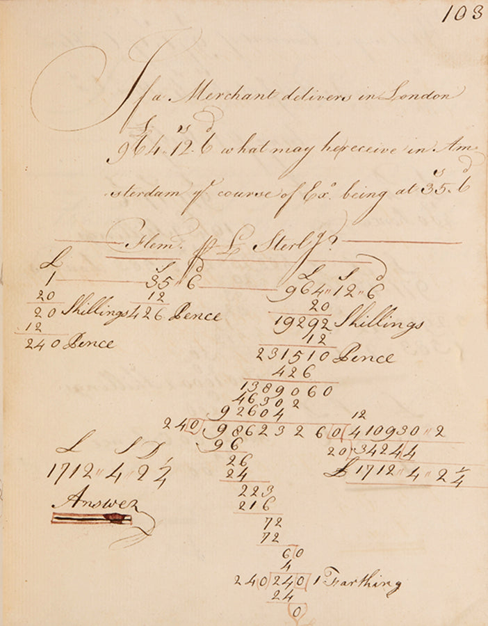 An attractive mathematical workbook made in 1759 emphasising calculations in trade, currency exchange, and farming, likely by Richard Beale Senior of Biddenden, Kent.