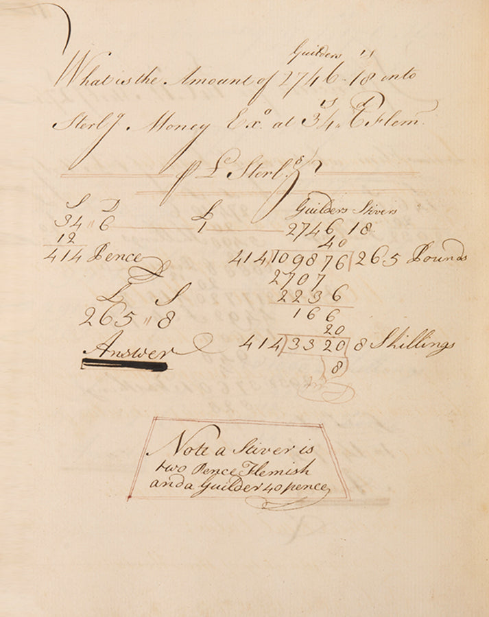 An attractive mathematical workbook made in 1759 emphasising calculations in trade, currency exchange, and farming, likely by Richard Beale Senior of Biddenden, Kent.