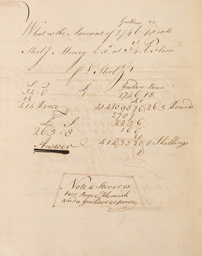 An attractive mathematical workbook made in 1759 emphasising calculations in trade, currency exchange, and farming, likely by Richard Beale Senior of Biddenden, Kent.