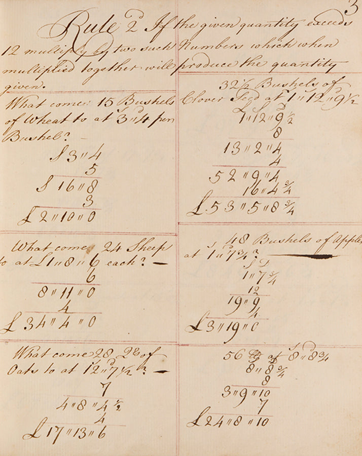 An attractive mathematical workbook made in 1759 emphasising calculations in trade, currency exchange, and farming, likely by Richard Beale Senior of Biddenden, Kent.