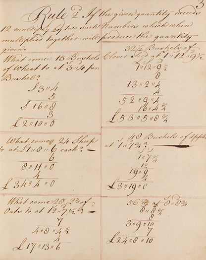 An attractive mathematical workbook made in 1759 emphasising calculations in trade, currency exchange, and farming, likely by Richard Beale Senior of Biddenden, Kent.