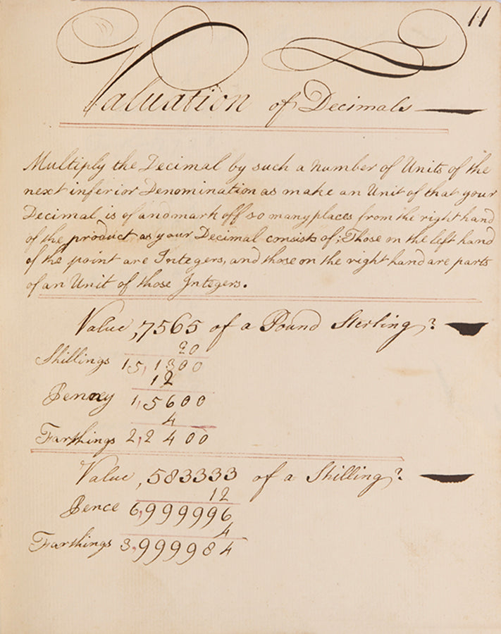 An attractive mathematical workbook made in 1759 emphasising calculations in trade, currency exchange, and farming, likely by Richard Beale Senior of Biddenden, Kent.
