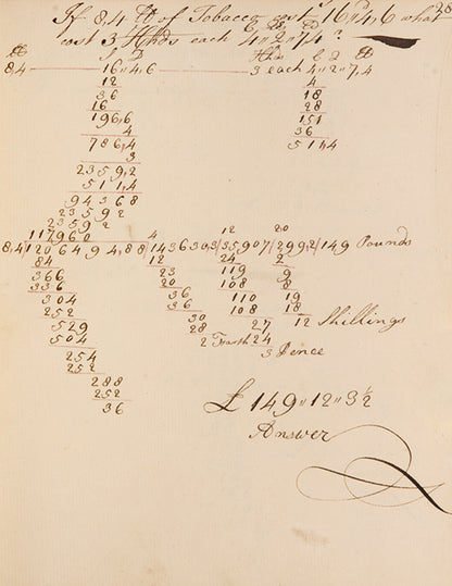 An attractive mathematical workbook made in 1759 emphasising calculations in trade, currency exchange, and farming, likely by Richard Beale Senior of Biddenden, Kent.
