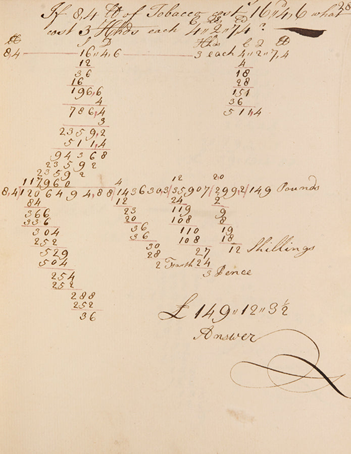 An attractive mathematical workbook made in 1759 emphasising calculations in trade, currency exchange, and farming, likely by Richard Beale Senior of Biddenden, Kent.