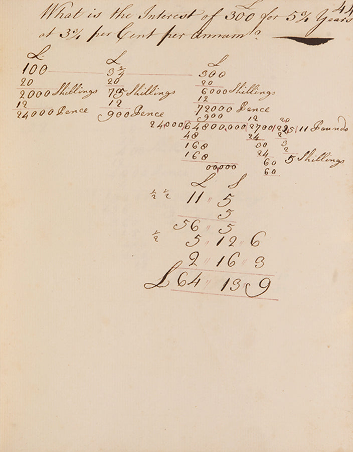 An attractive mathematical workbook made in 1759 emphasising calculations in trade, currency exchange, and farming, likely by Richard Beale Senior of Biddenden, Kent.
