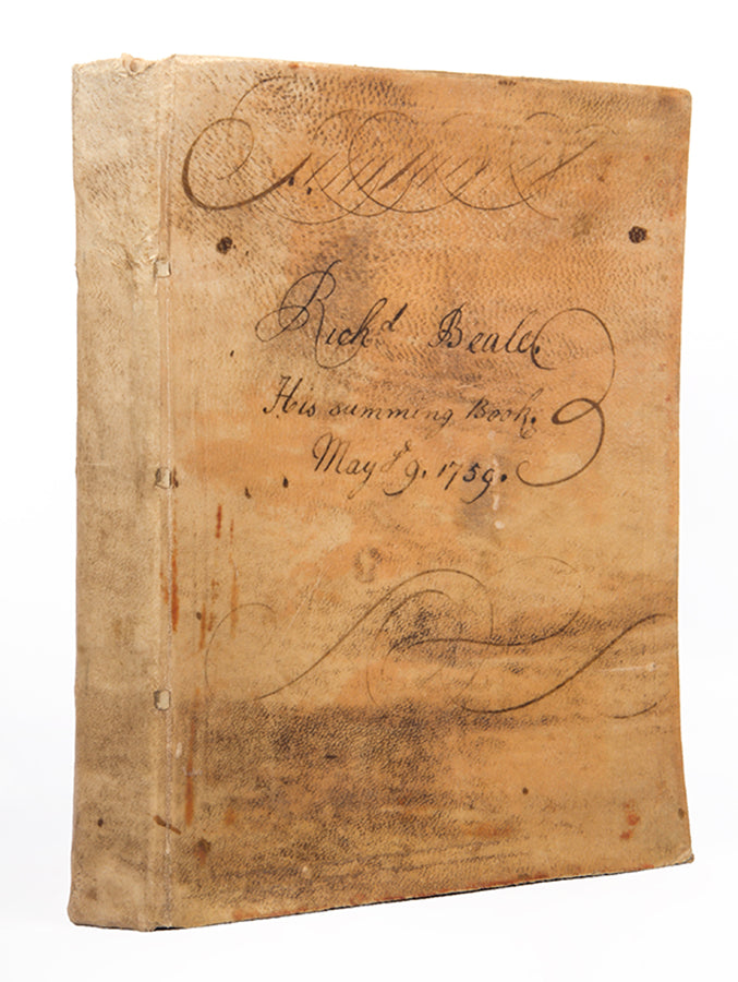 An attractive mathematical workbook made in 1759 emphasising calculations in trade, currency exchange, and farming, likely by Richard Beale Senior of Biddenden, Kent.