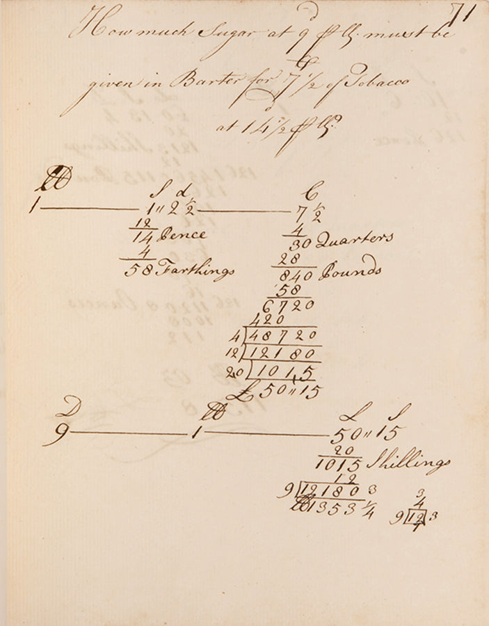 An attractive mathematical workbook made in 1759 emphasising calculations in trade, currency exchange, and farming, likely by Richard Beale Senior of Biddenden, Kent.
