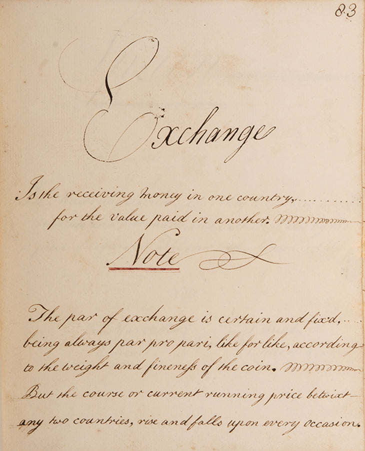 An attractive mathematical workbook made in 1759 emphasising calculations in trade, currency exchange, and farming, likely by Richard Beale Senior of Biddenden, Kent.