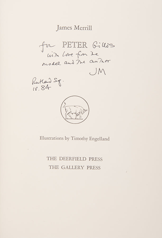 Dedication copy of Peter by James Merrill, inscribed by the author to Peter Gillis.