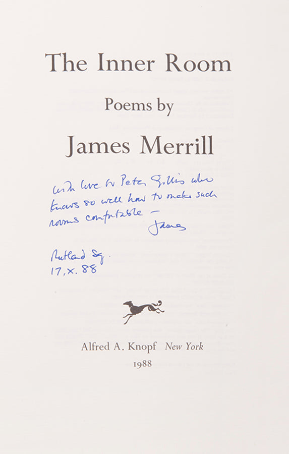 First edition of The Inner Room by James Merrill, inscribed by the author to his lover Peter Gillis.