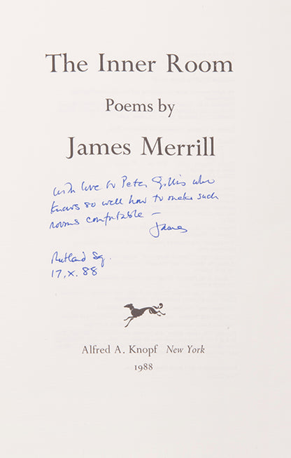 First edition of The Inner Room by James Merrill, inscribed by the author to his lover Peter Gillis.
