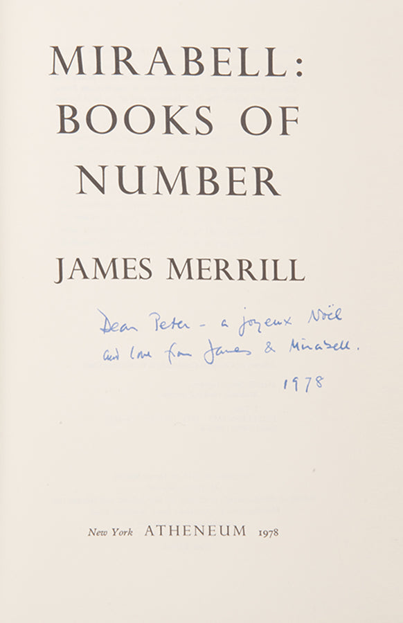 First edition of Mirabell by James Merrill, inscribed by the author to his lover Peter Gillis.
