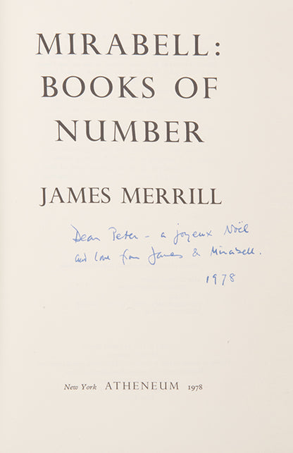First edition of Mirabell by James Merrill, inscribed by the author to his lover Peter Gillis.